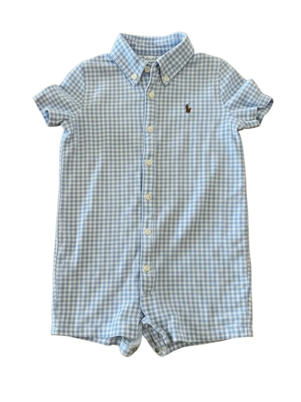 Ralph Lauren Light Blue & White Gingham Baby Romper